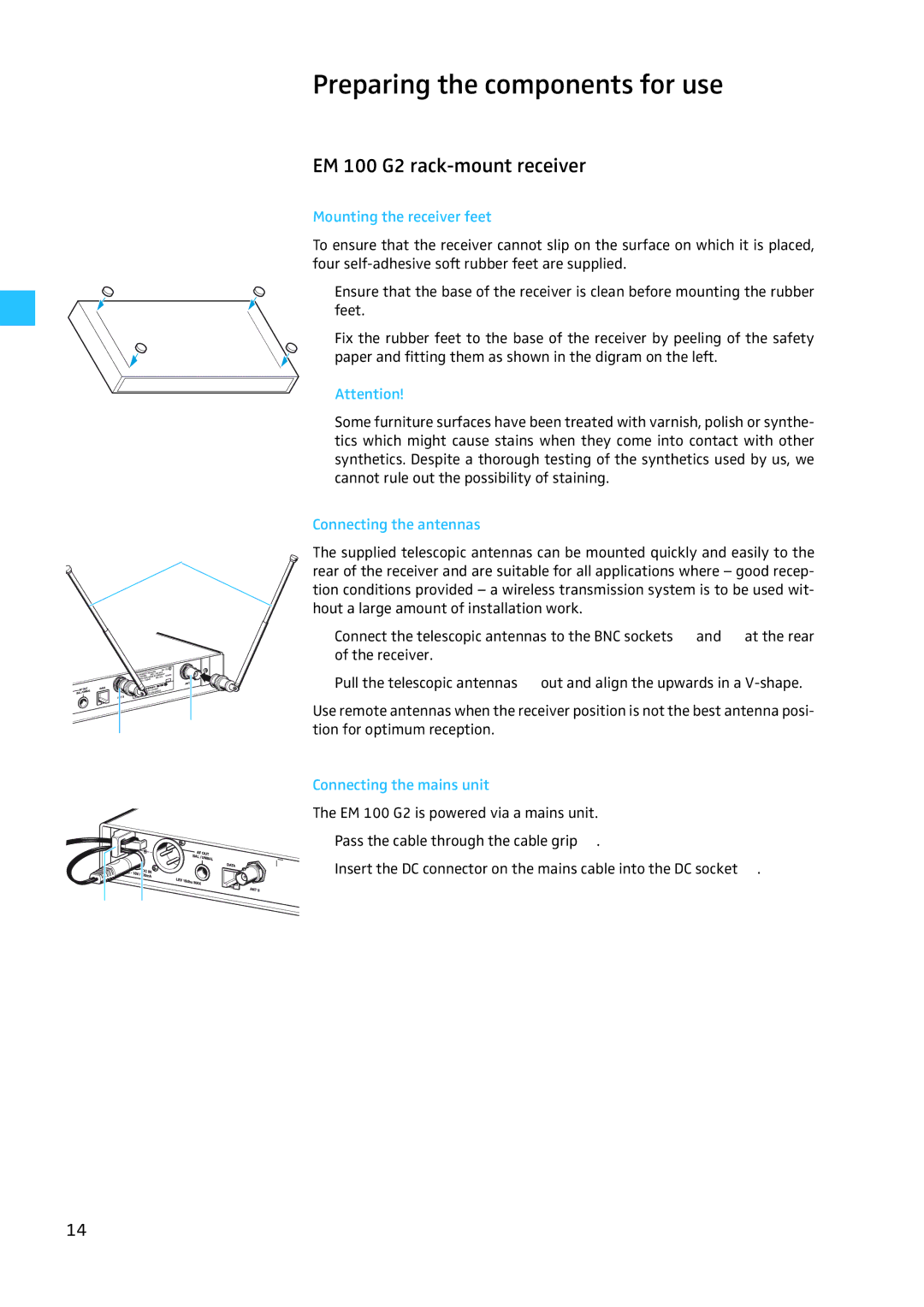 Sennheiser W100 manual Preparing the components for use, Mounting the receiver feet, Connecting the antennas 