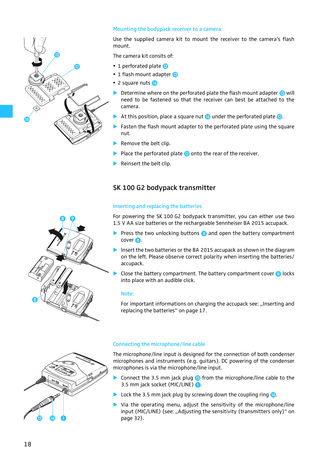 Sennheiser W100 manual Mounting the bodypack receiver to a camera, Connecting the microphone/line cable 