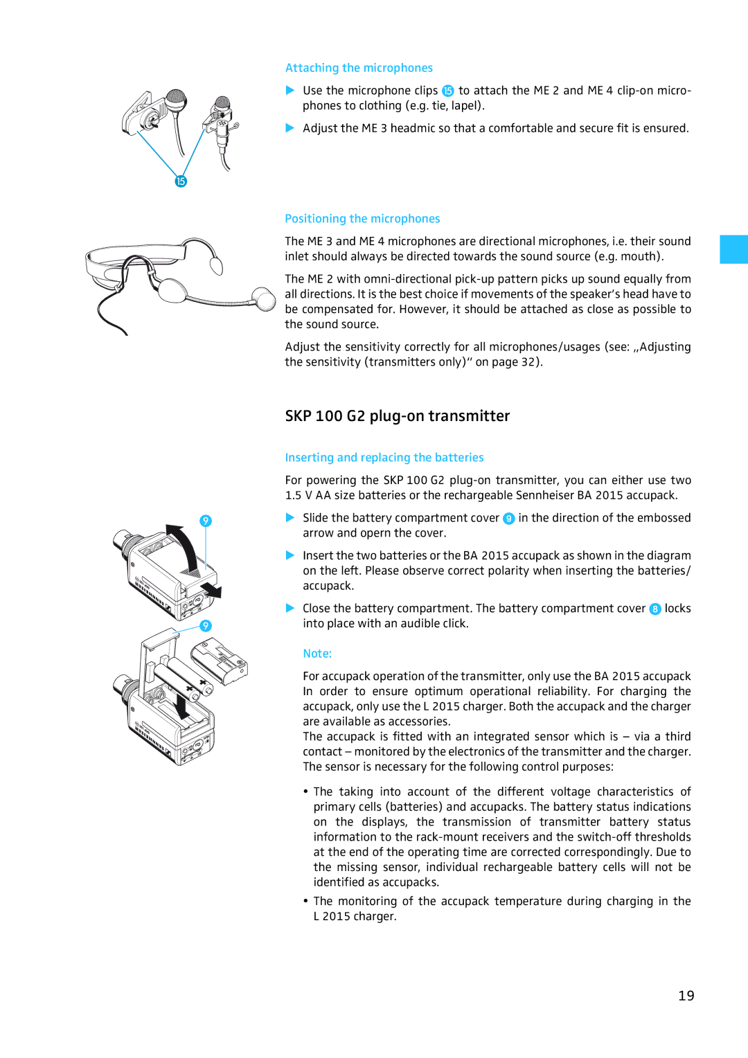 Sennheiser W100 manual Attaching the microphones, Positioning the microphones 