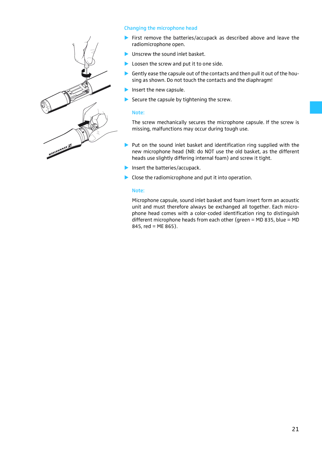 Sennheiser W100 manual Changing the microphone head 