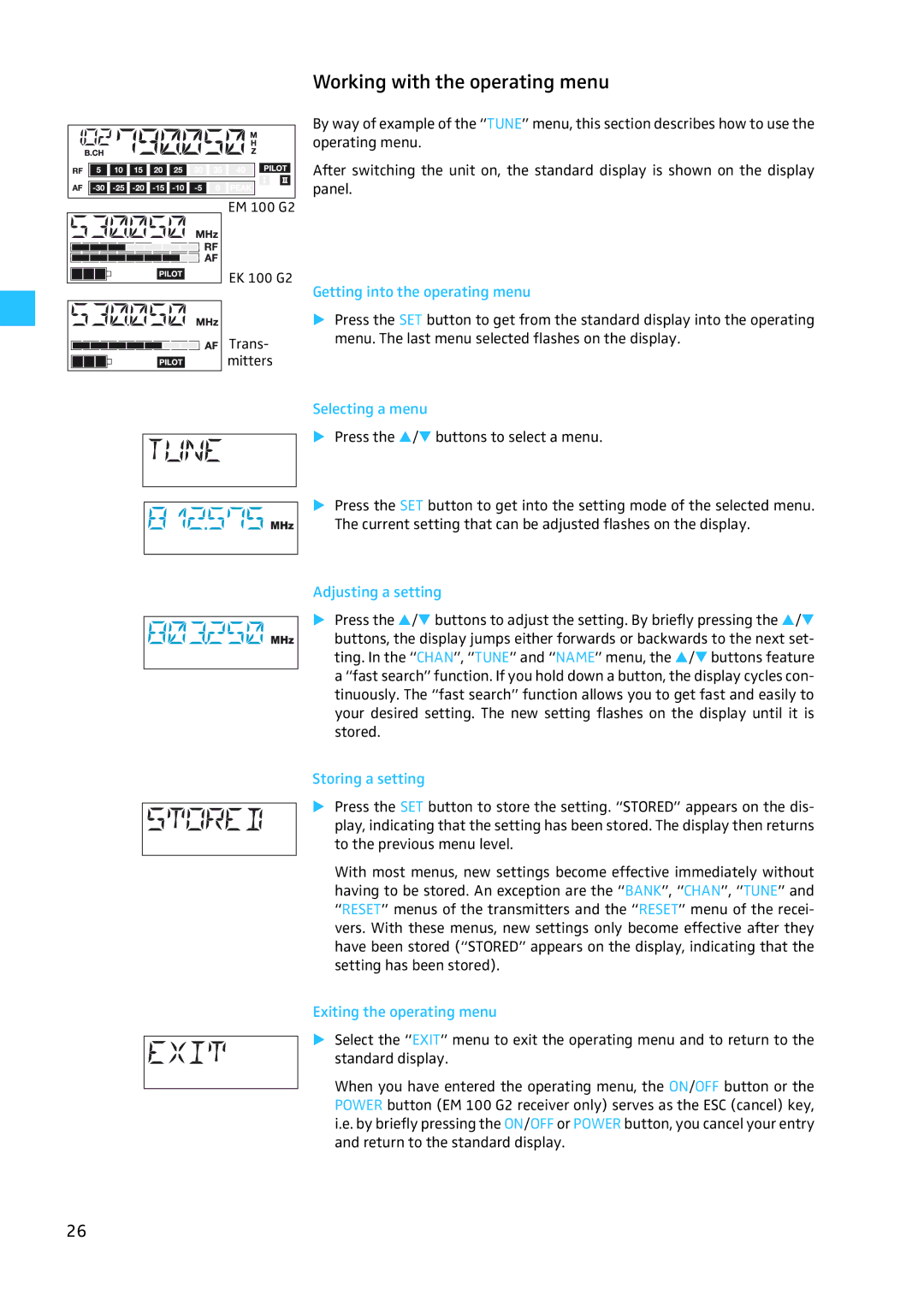 Sennheiser W100 manual Working with the operating menu 