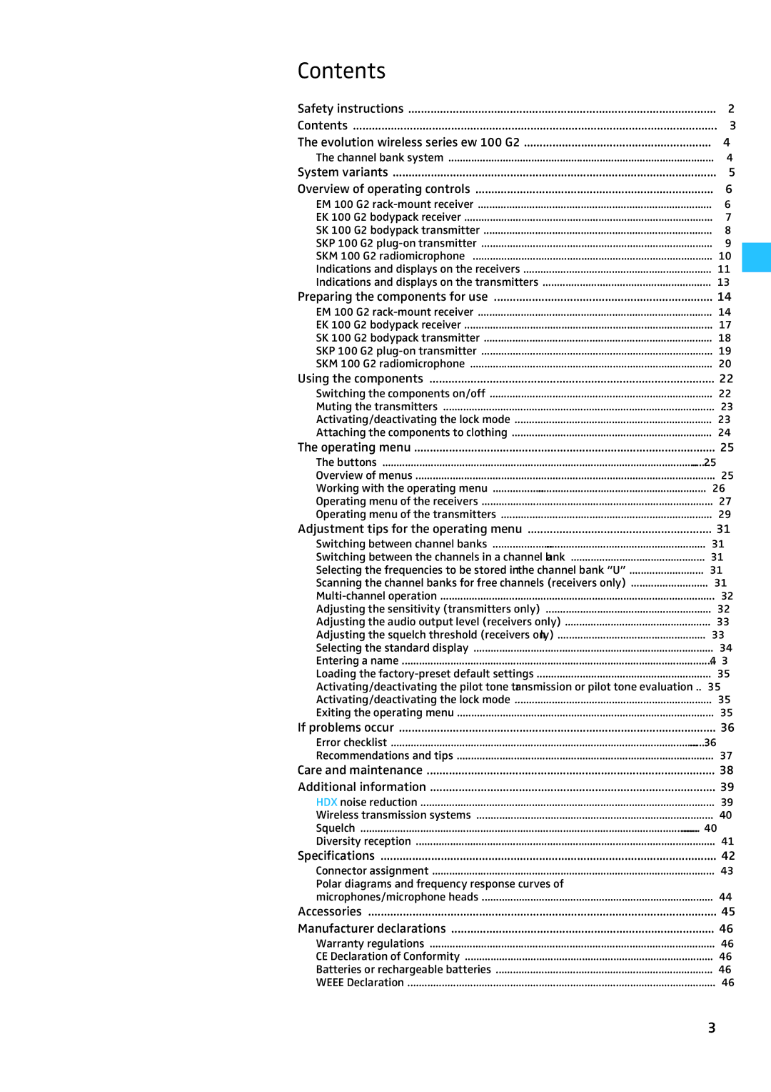 Sennheiser W100 manual Contents 