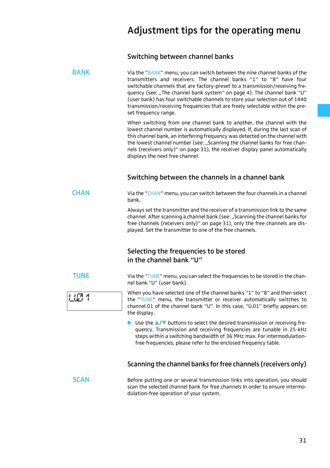 Sennheiser W100 manual Adjustment tips for the operating menu, Switching between channel banks 