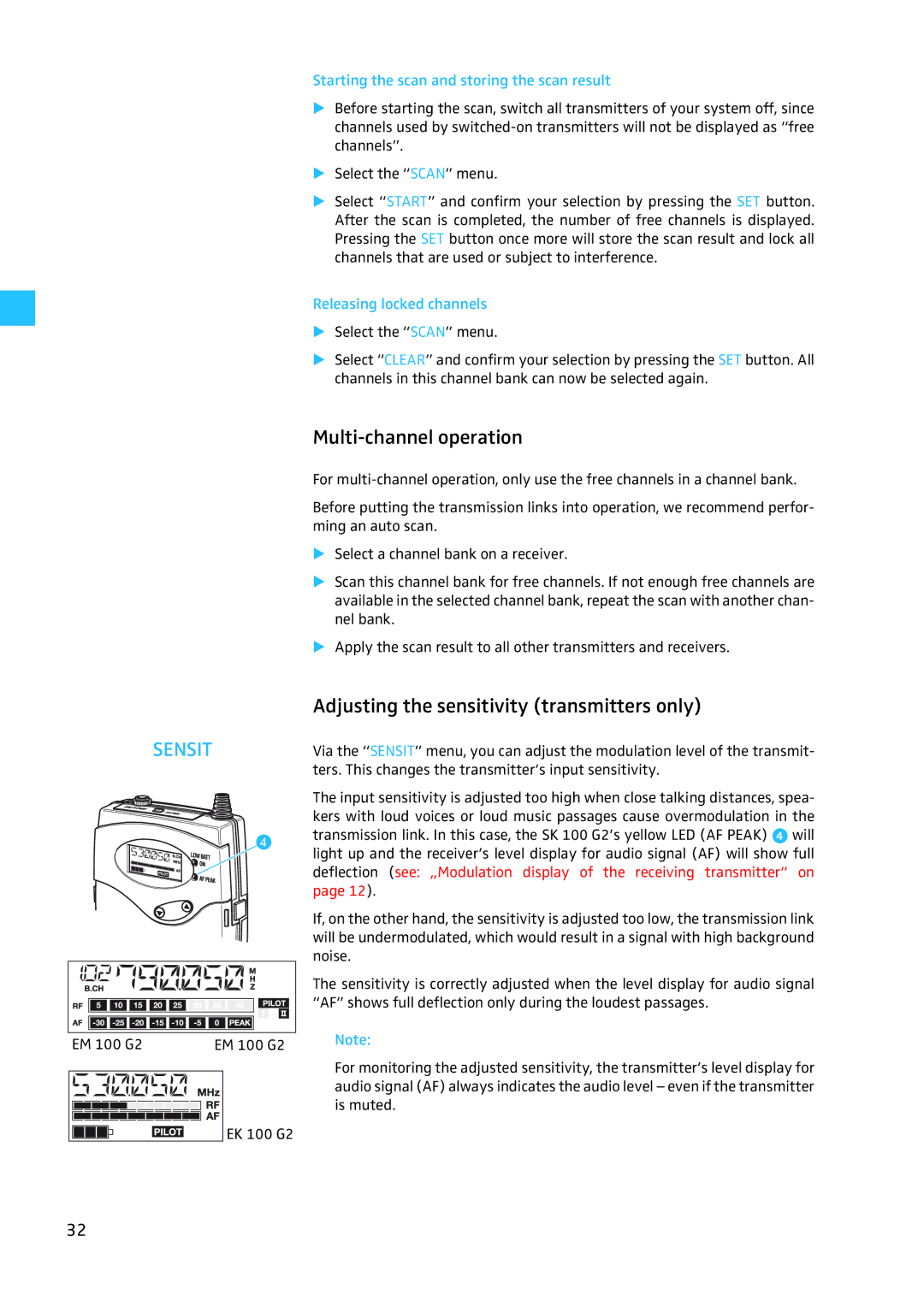 Sennheiser W100 manual Multi-channel operation, Adjusting the sensitivity transmitters only, Releasing locked channels 