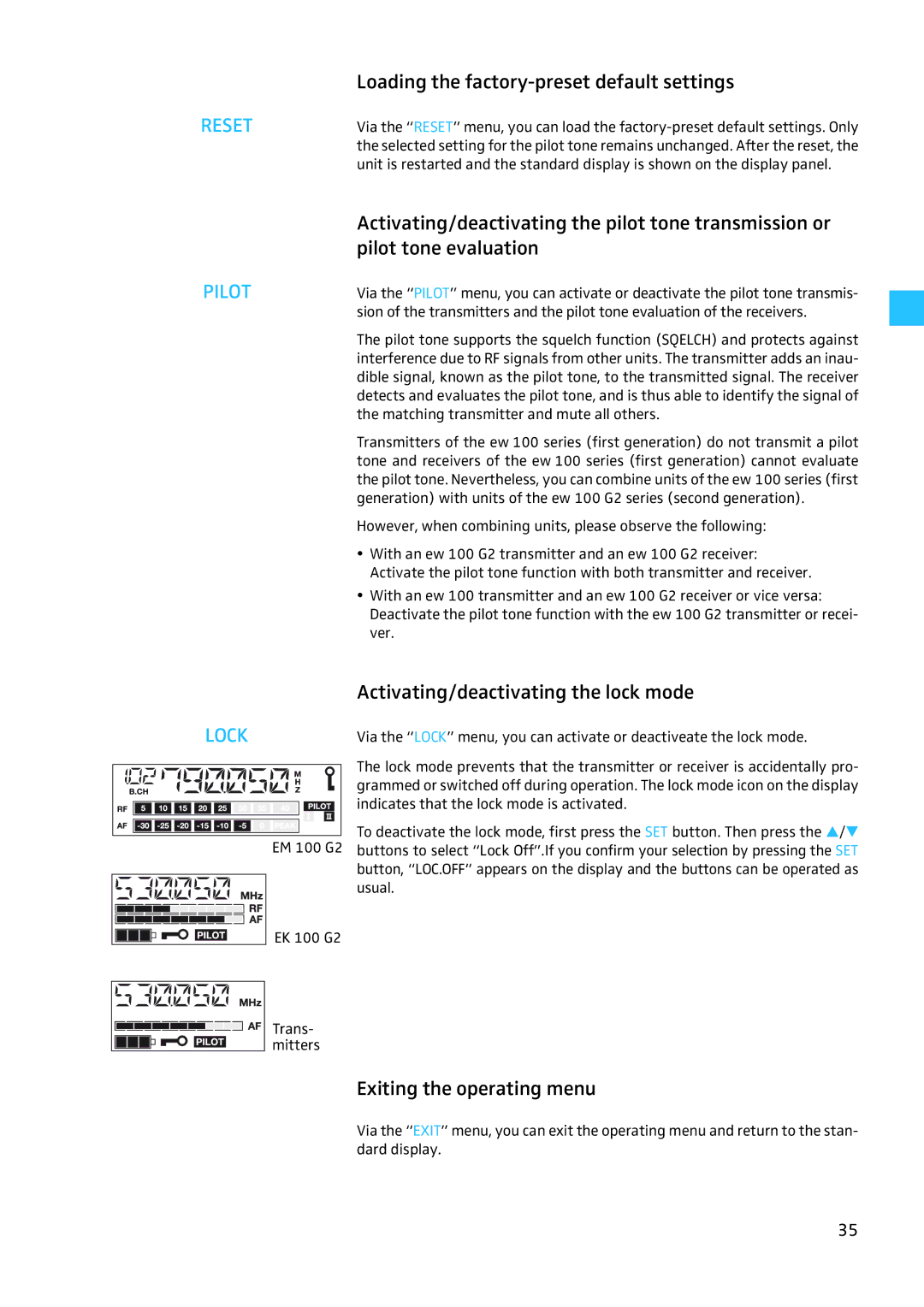 Sennheiser W100 manual Loading the factory-preset default settings, Activating/deactivating the pilot tone transmission or 