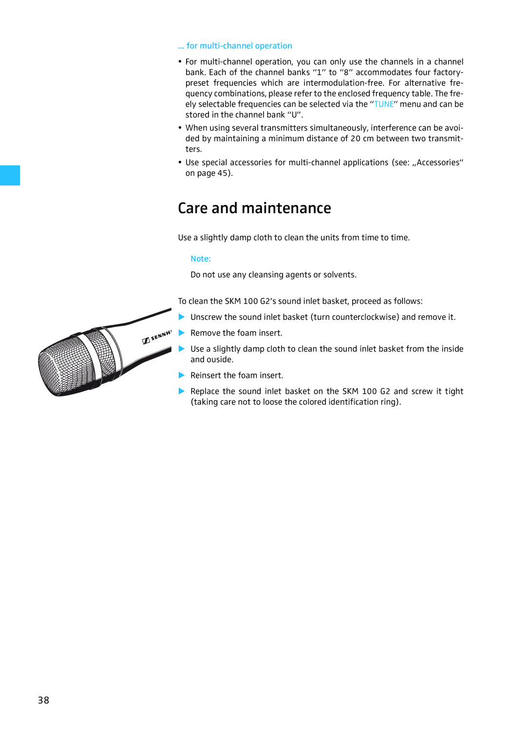 Sennheiser W100 manual Care and maintenance, For multi-channel operation 