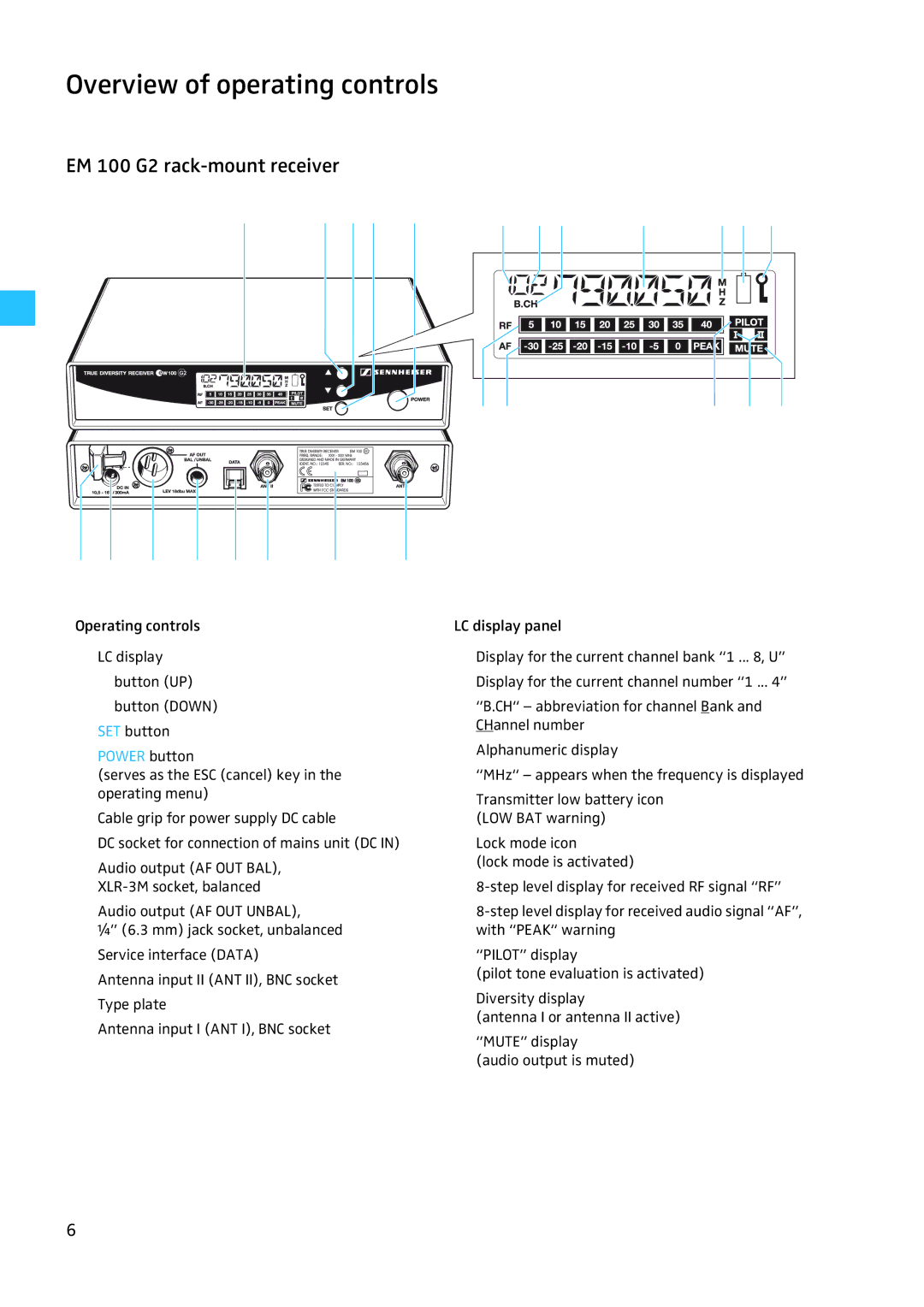 Sennheiser W100 manual Overview of operating controls, EM 100 G2 rack-mount receiver, Power button 