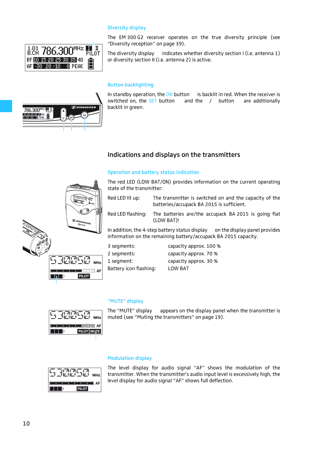 Sennheiser W300 manual Indications and displays on the transmitters, Diversity display, Button backlighting 