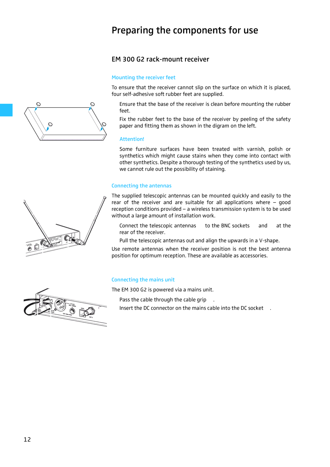 Sennheiser W300 manual Preparing the components for use, Mounting the receiver feet, Connecting the antennas 