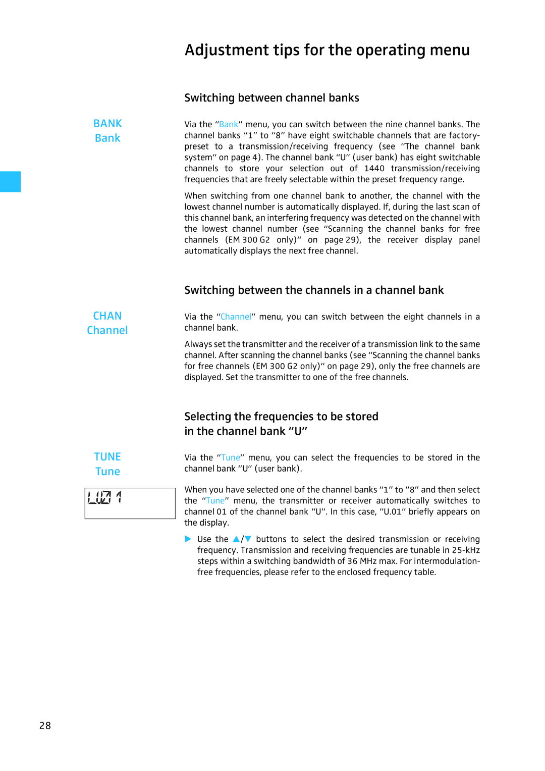 Sennheiser W300 manual Adjustment tips for the operating menu, Switching between channel banks 