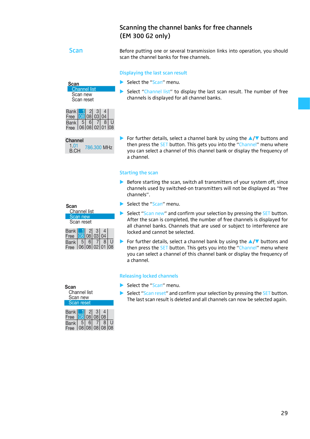 Sennheiser W300 manual Scanning the channel banks for free channels EM 300 G2 only, Displaying the last scan result 