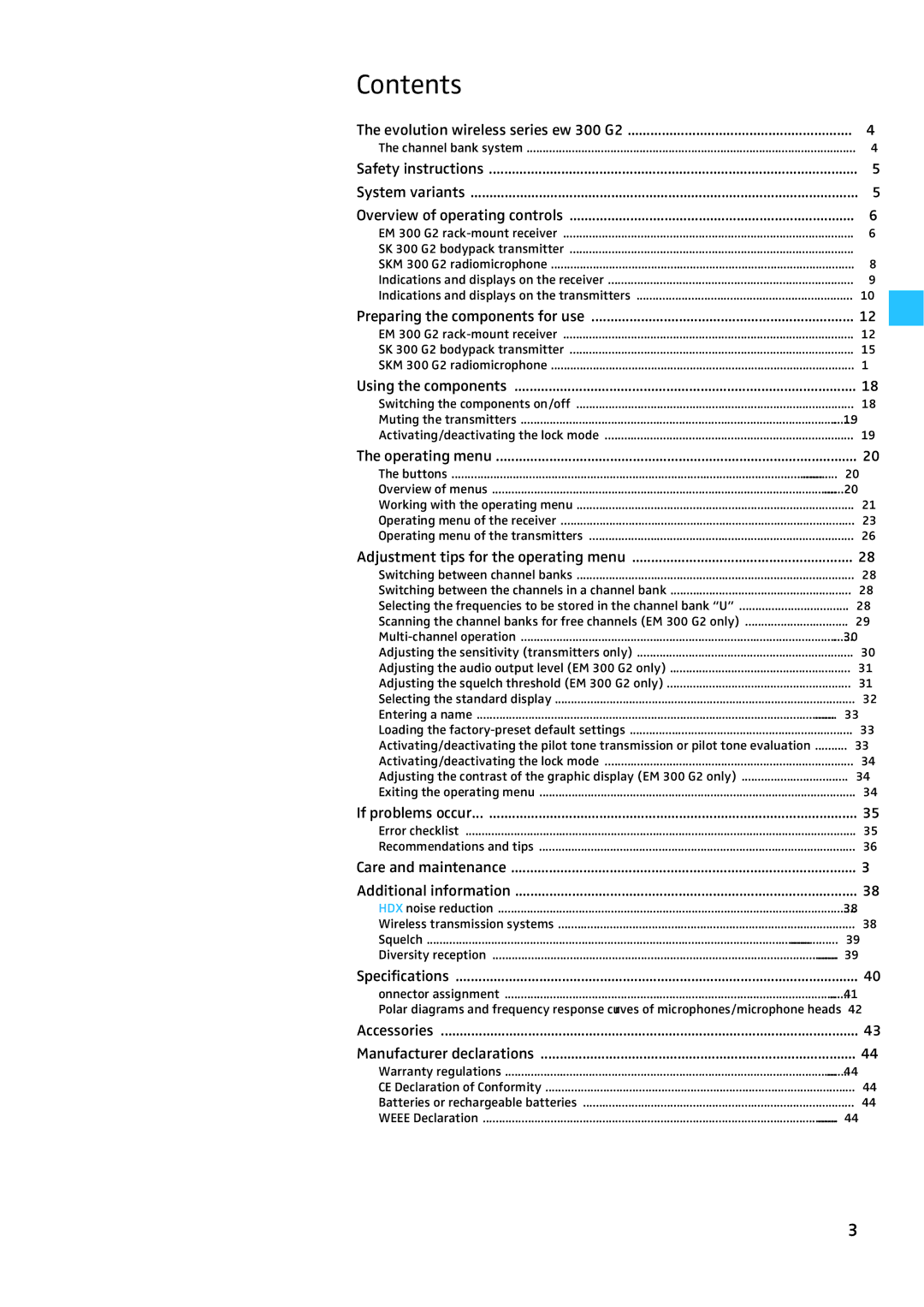 Sennheiser W300 manual Contents 