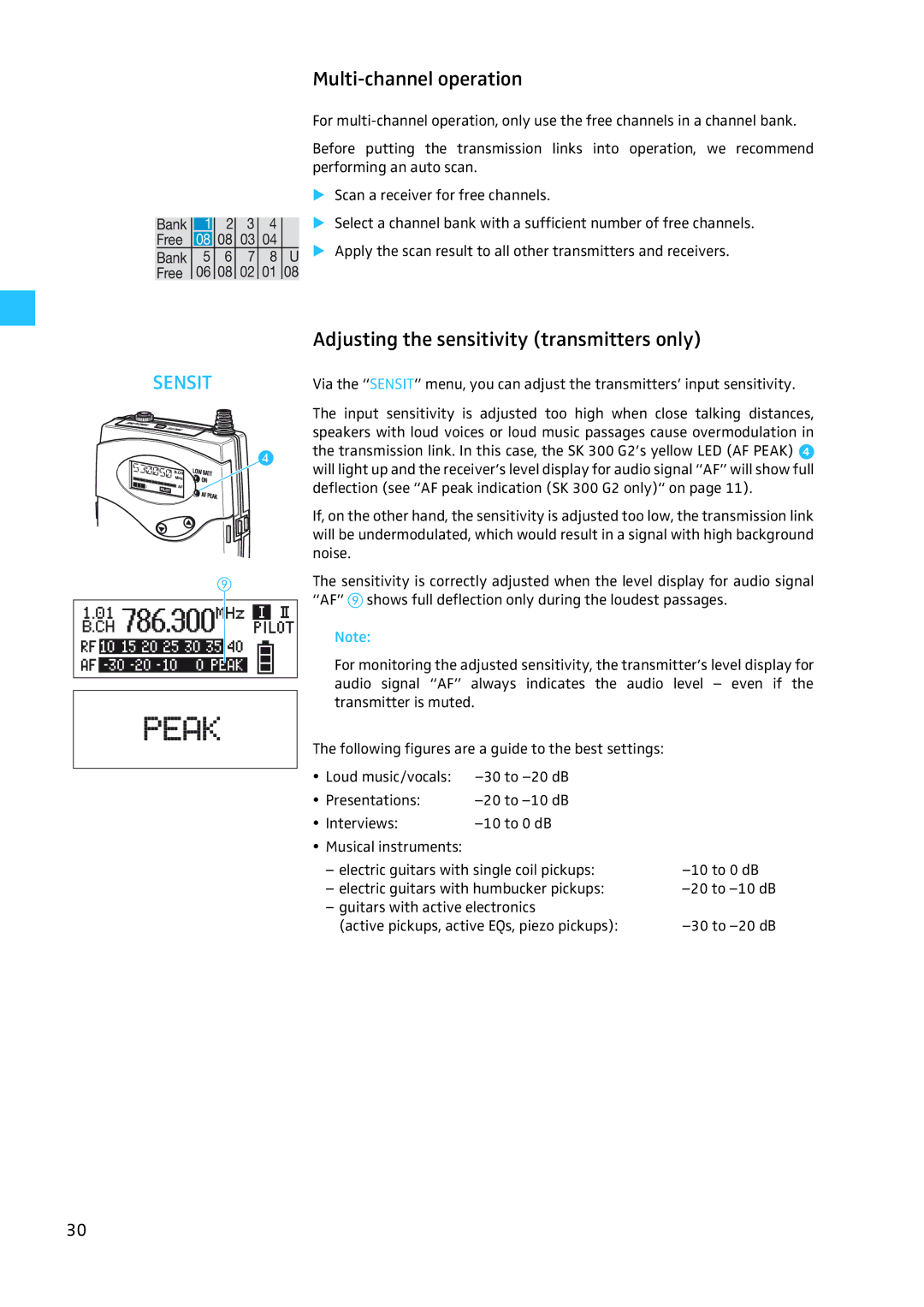 Sennheiser W300 manual Multi-channel operation, Adjusting the sensitivity transmitters only 