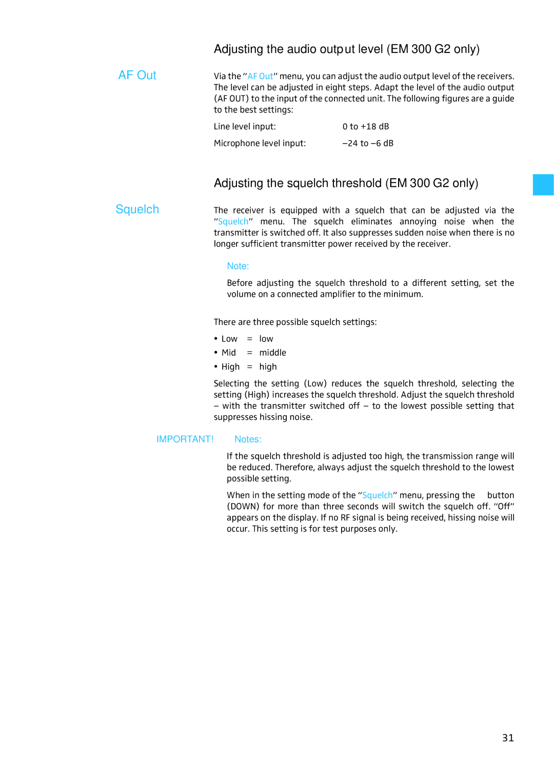 Sennheiser W300 manual Adjusting the audio output level EM 300 G2 only, Adjusting the squelch threshold EM 300 G2 only 