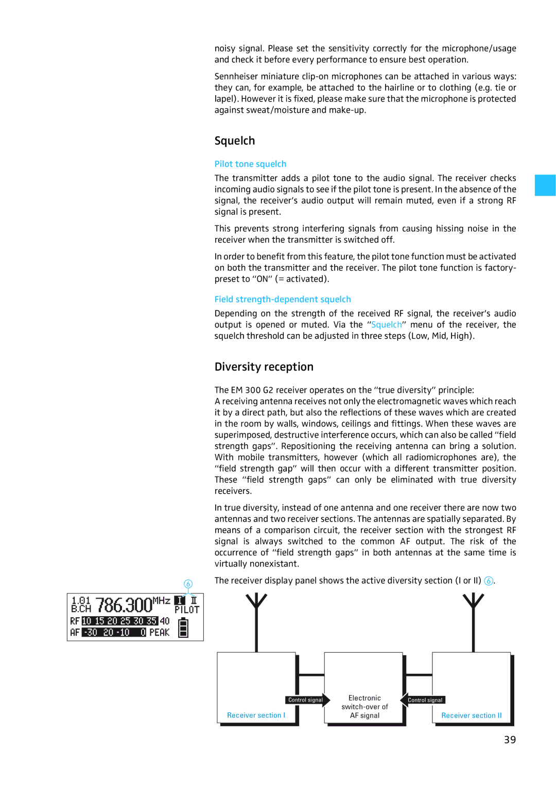 Sennheiser W300 manual Squelch, Diversity reception, Pilot tone squelch, Field strength-dependent squelch 