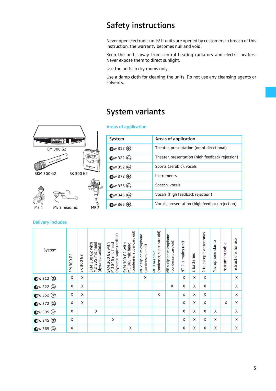 Sennheiser W300 manual Safety instructions, System variants, Areas of application, Delivery includes 