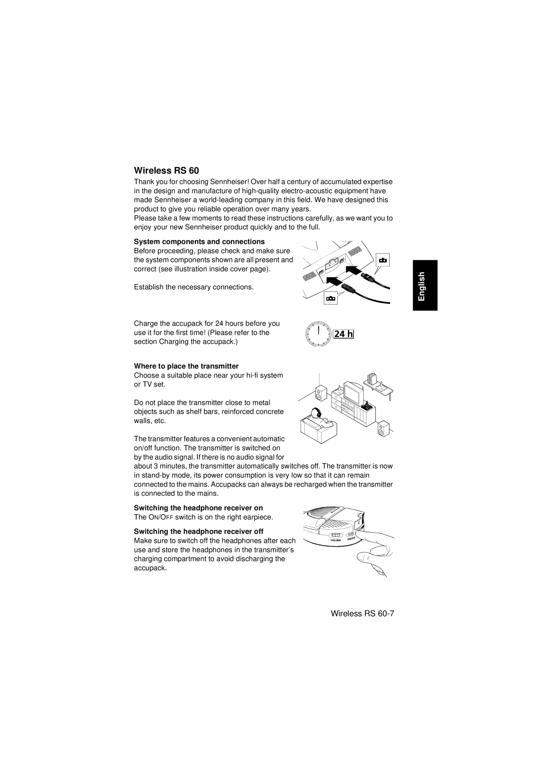 Sennheiser Wireless RS 60 instruction manual System components and connections, Where to place the transmitter 