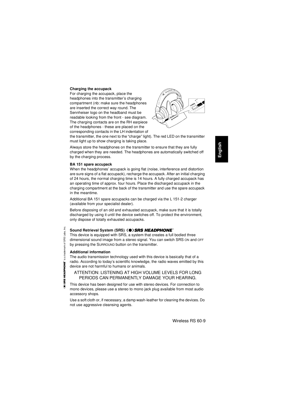 Sennheiser Wireless RS 60 instruction manual Charging the accupack For charging the accupack, place, BA 151 spare accupack 