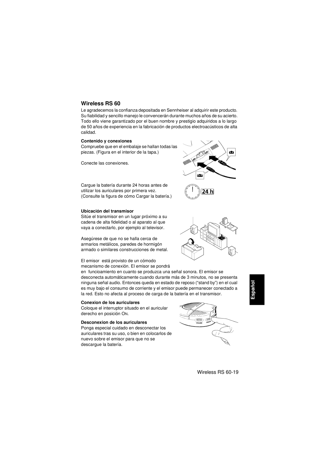 Sennheiser Wireless RS 60 instruction manual Contenido y conexiones, Ubicación del transmisor, Conexion de los auriculares 