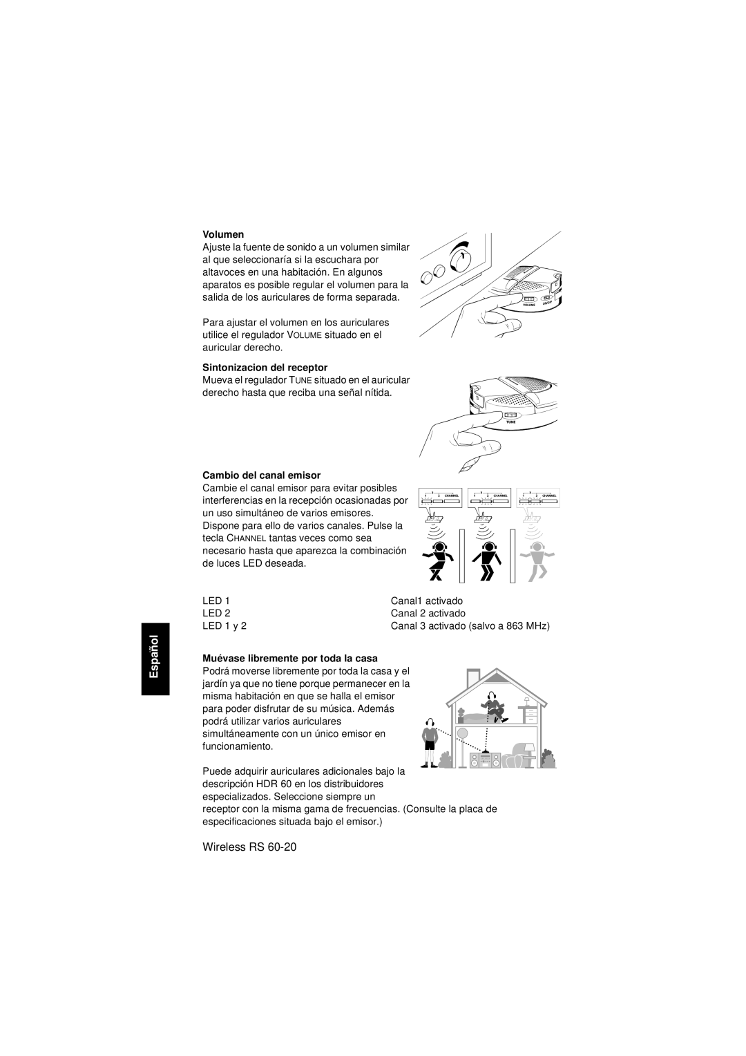 Sennheiser Wireless RS 60 instruction manual Volumen, Sintonizacion del receptor, Cambio del canal emisor 