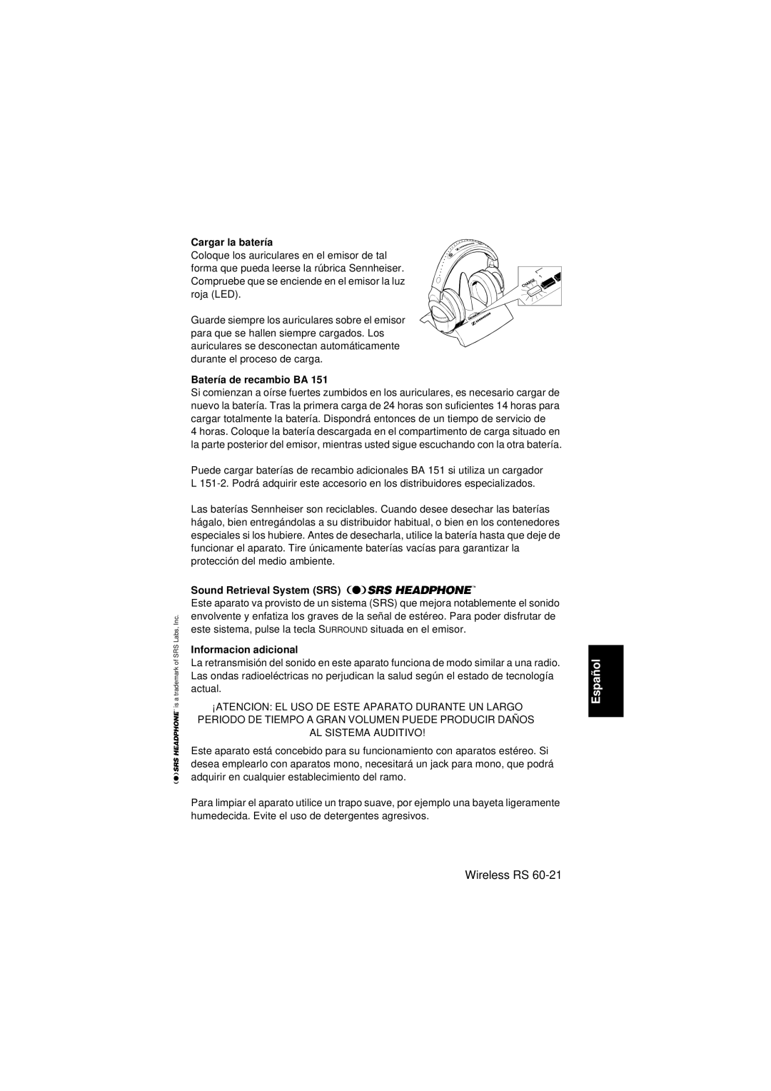 Sennheiser Wireless RS 60 instruction manual Cargar la batería, Batería de recambio BA, Informacion adicional 