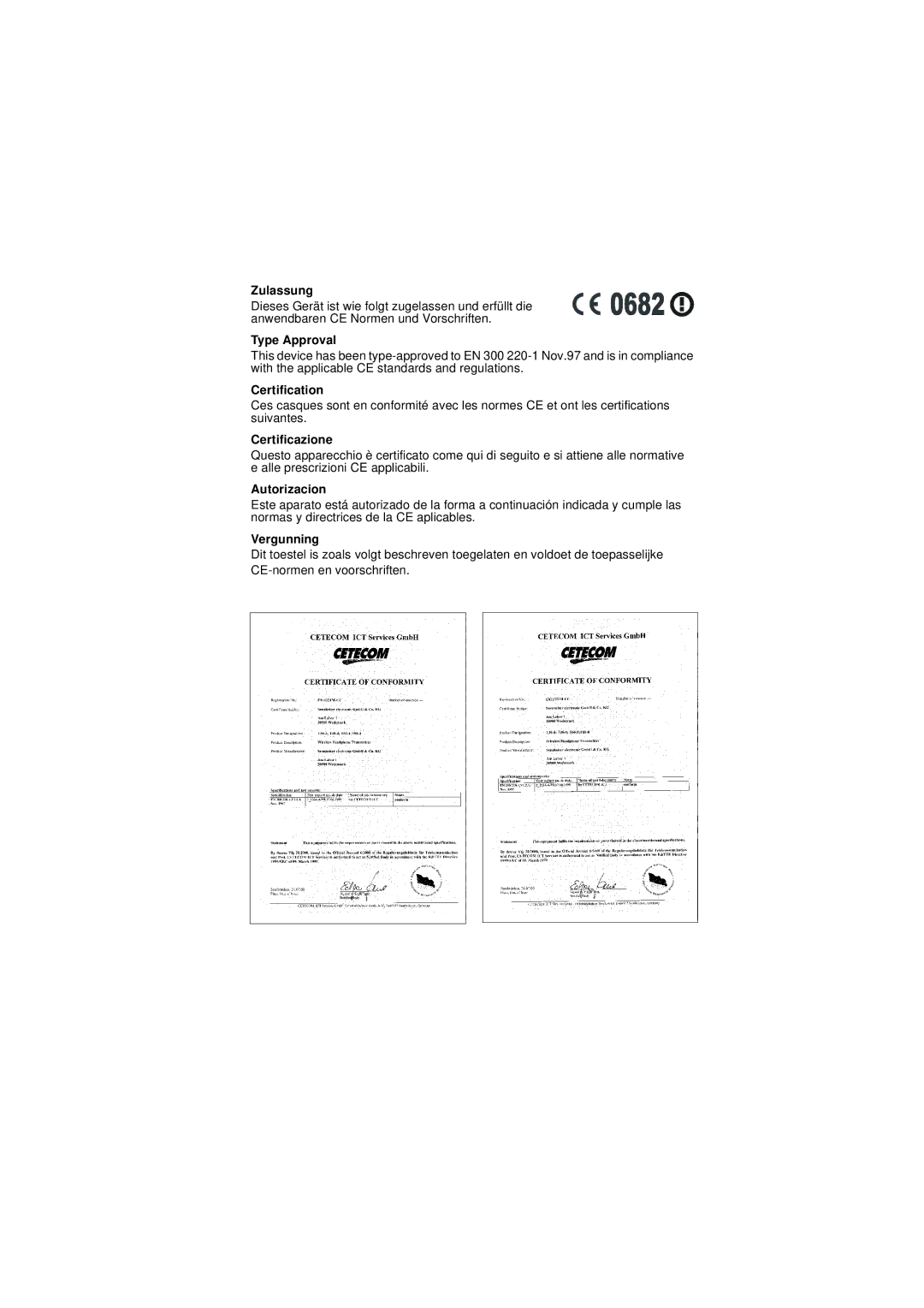 Sennheiser Wireless RS 60 instruction manual Zulassung 