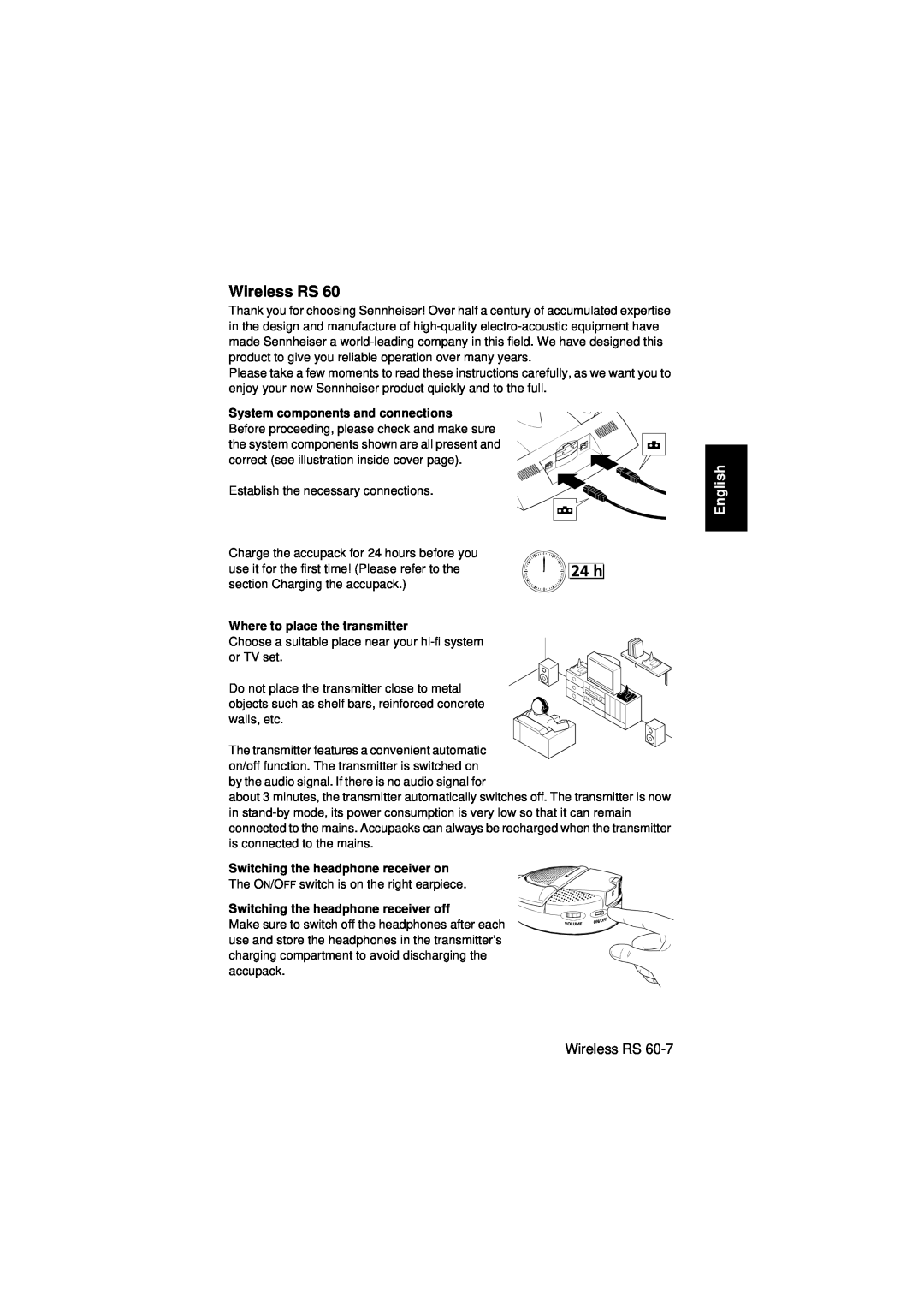 Sennheiser Wireless RS 60 instruction manual English, System components and connections, Where to place the transmitter 
