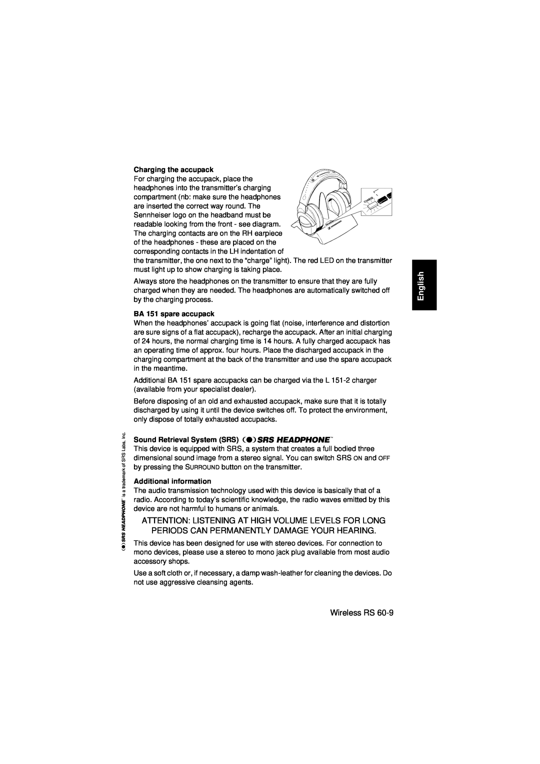 Sennheiser Wireless RS 60 instruction manual Periods Can Permanently Damage Your Hearing, English, BA 151 spare accupack 