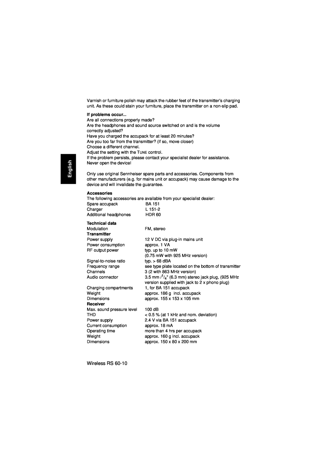 Sennheiser Wireless RS 60 instruction manual English, If problems occur, Accessories, Technical data, Transmitter, Receiver 