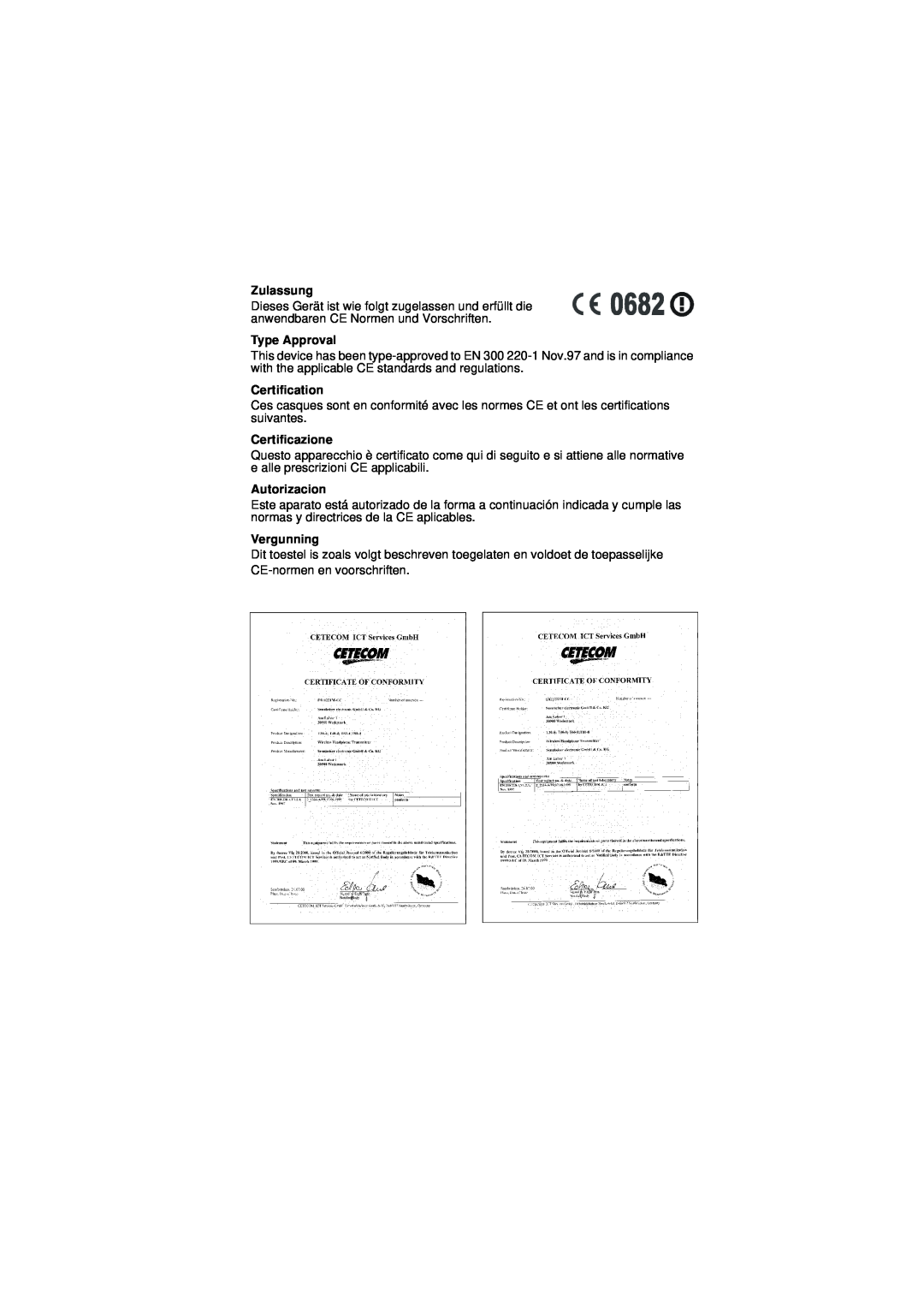 Sennheiser Wireless RS 60 Zulassung, Type Approval, Certification, Certificazione, Autorizacion, Vergunning 