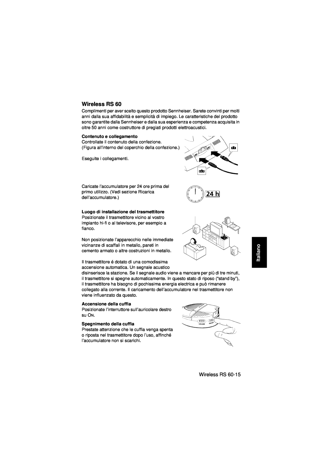 Sennheiser Wireless RS 60 instruction manual Italiano, Contenuto e collegamento, Luogo di installazione del trasmettitore 