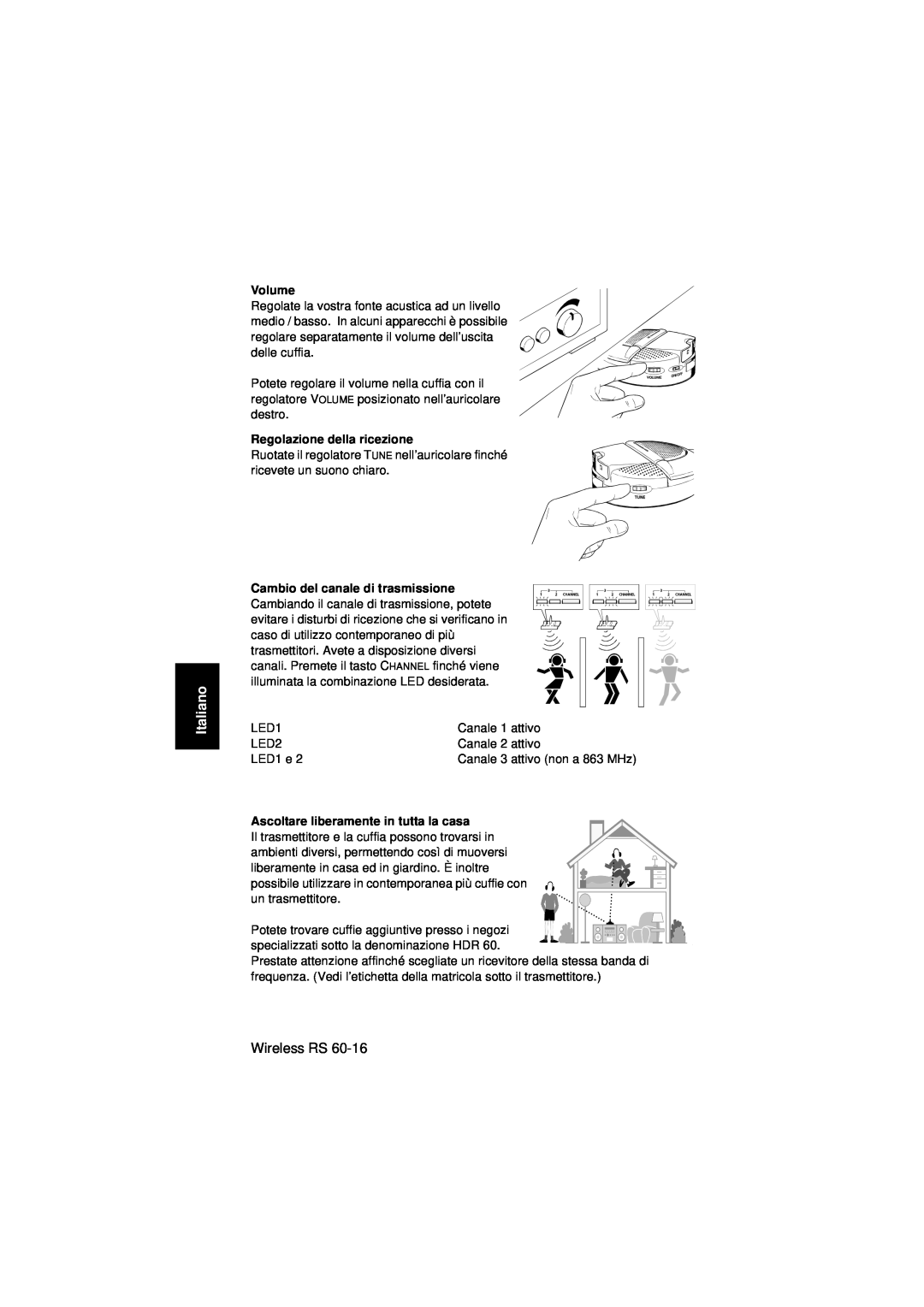 Sennheiser Wireless RS 60 Italiano, Volume, Regolazione della ricezione, Cambio del canale di trasmissione 
