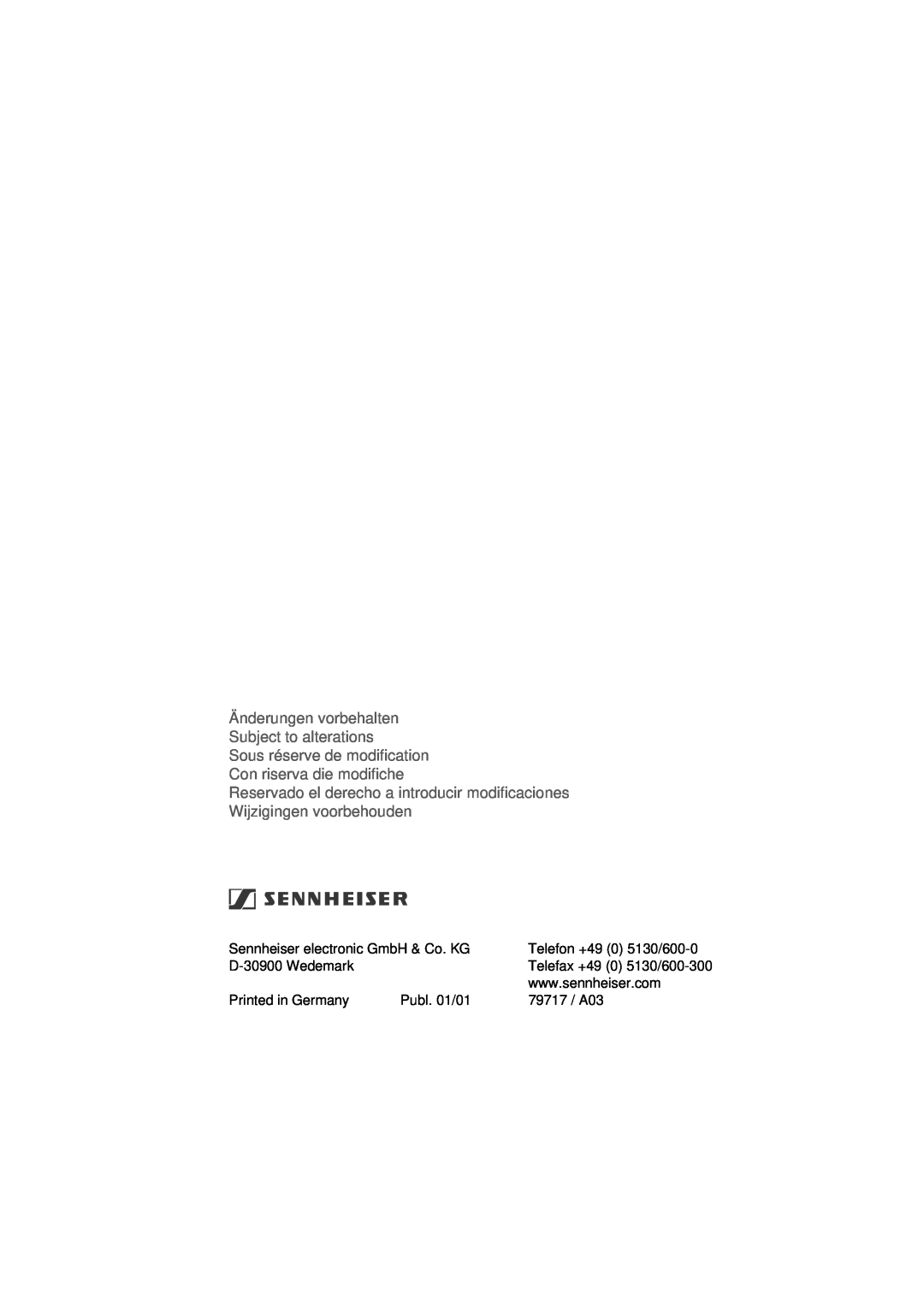 Sennheiser Wireless RS 60 instruction manual Änderungen vorbehalten Subject to alterations 