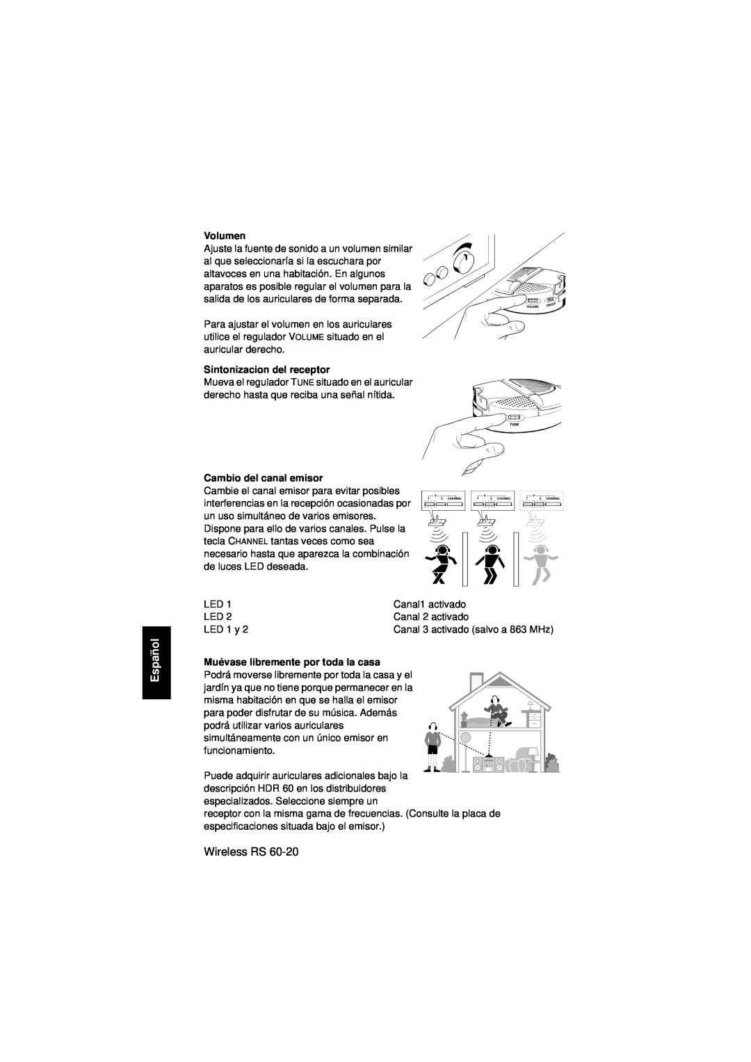 Sennheiser Wireless RS 60 instruction manual Español, Volumen, Sintonizacion del receptor, Cambio del canal emisor 