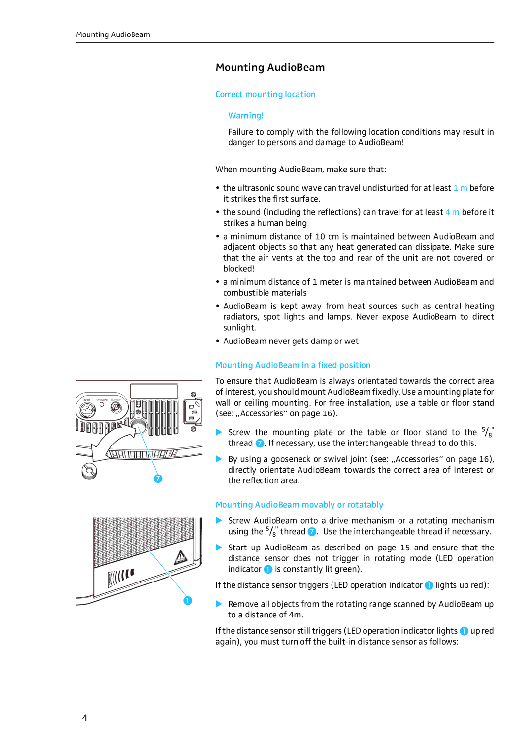 Sennheiser Work Light manual Correct mounting location, Mounting AudioBeam in a fixed position 