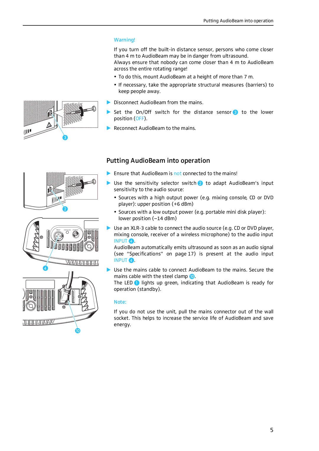 Sennheiser Work Light manual Putting AudioBeam into operation, Input 