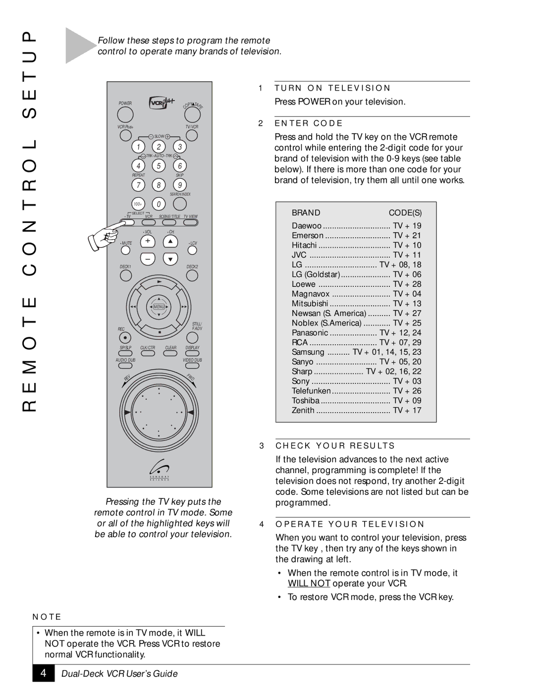 Sensory Science DDV2120 manual M O T E C O N T R O L S E T U P, Brand of television, try them all until one works 