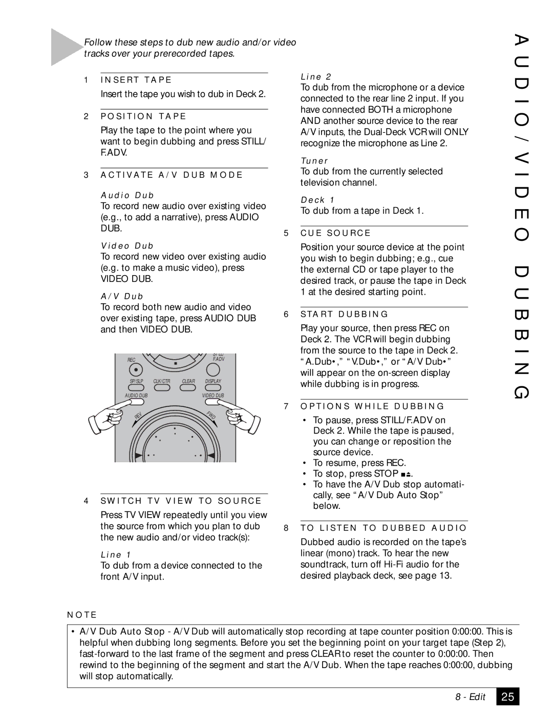 Sensory Science DDV2120 manual O / V I D E O D U B B I N G, Video DUB 