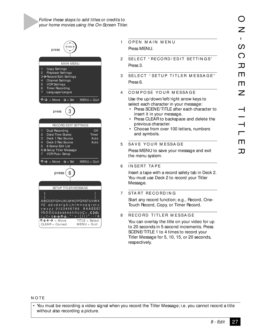 Sensory Science DDV2120 manual R E E N T I T L E R, Main Menu 