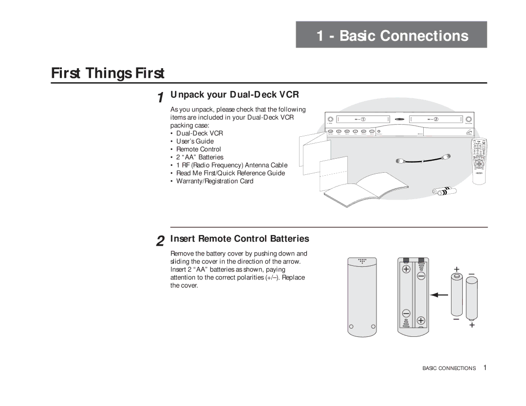 Sensory Science DDV9150 Basic Connections, First Things First, Unpack your Dual-Deck VCR, Insert Remote Control Batteries 