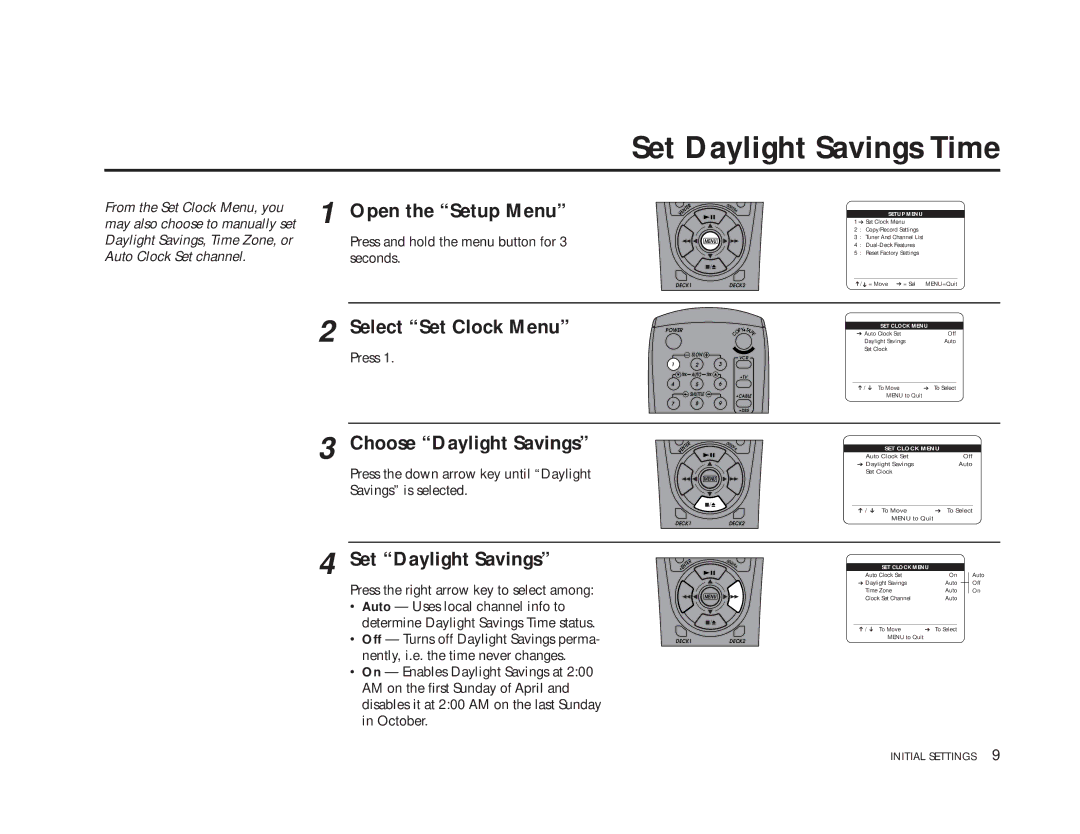 Sensory Science DDV9150 Set Daylight Savings Time, Open the Setup Menu, Select Set Clock Menu, Choose Daylight Savings 