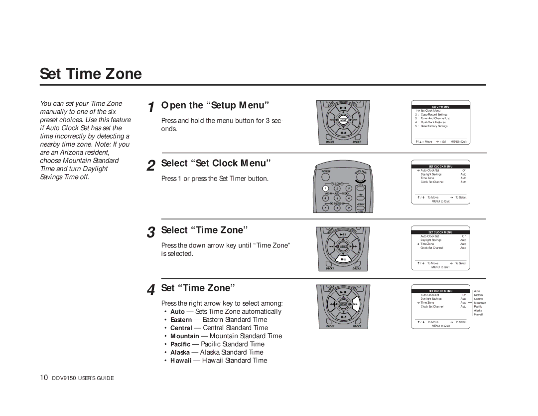 Sensory Science DDV9150 manual Set Time Zone, Select Time Zone 