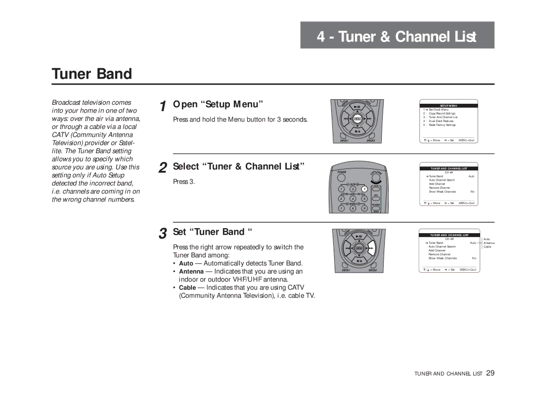 Sensory Science DDV9150 manual Select Tuner & Channel List, Set Tuner Band 