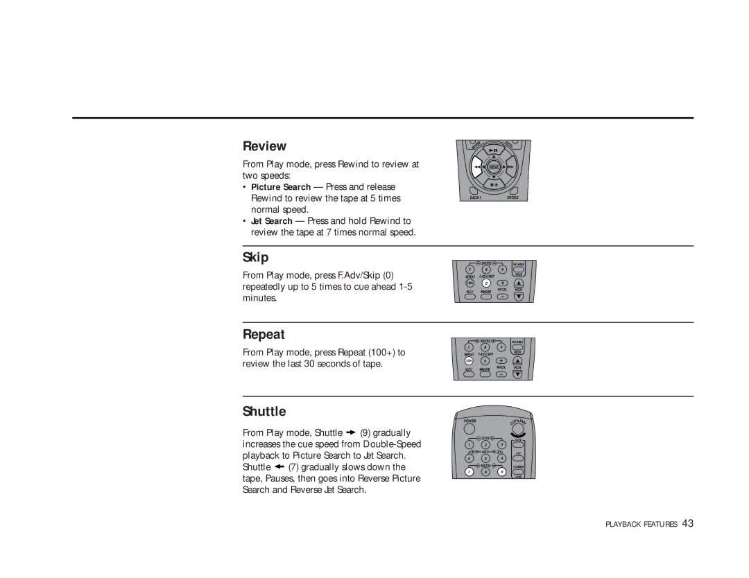 Sensory Science DDV9150 manual Review, Skip, Repeat, Shuttle 