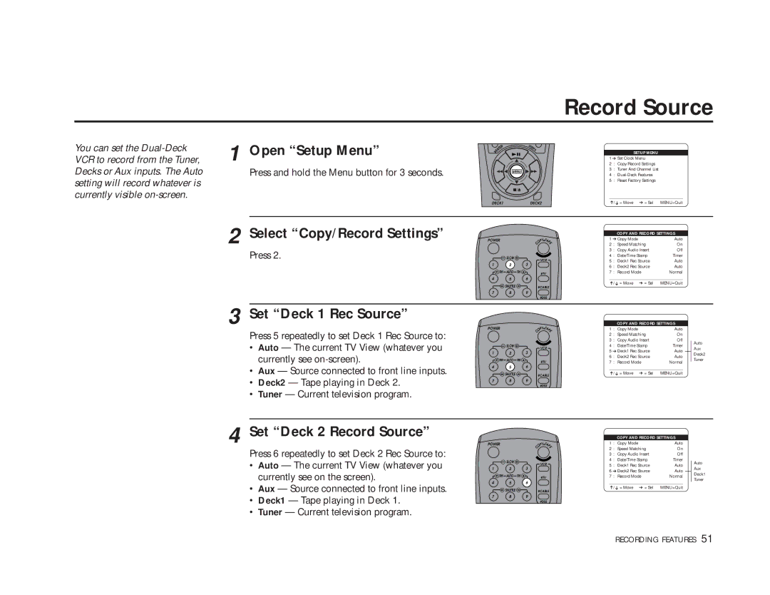 Sensory Science DDV9150 manual Set Deck 1 Rec Source, Set Deck 2 Record Source 