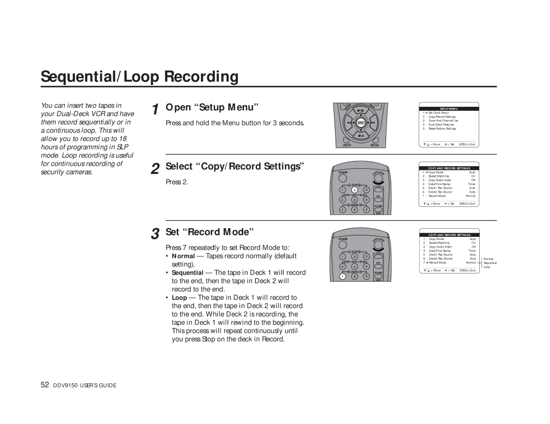 Sensory Science DDV9150 manual Sequential/Loop Recording, Set Record Mode 