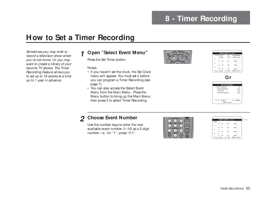 Sensory Science DDV9150 manual How to Set a Timer Recording, Choose Event Number 