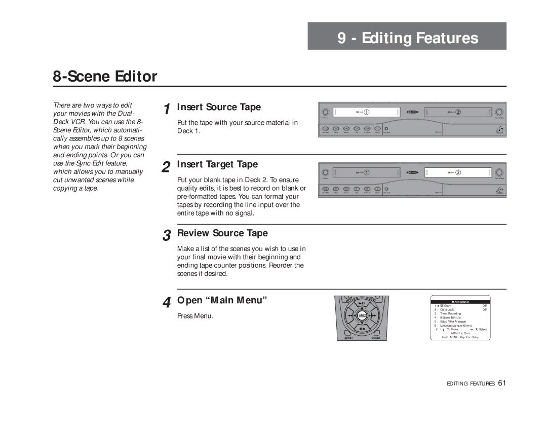 Sensory Science DDV9150 manual Scene Editor, Editing Features, Review Source Tape 