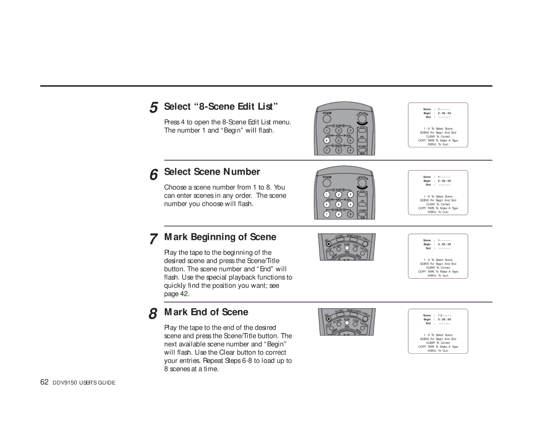 Sensory Science DDV9150 manual Select 8-Scene Edit List, Select Scene Number, Mark Beginning of Scene, Mark End of Scene 