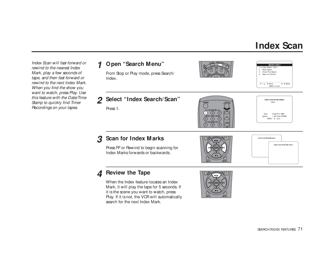 Sensory Science DDV9150 Index Scan, Open Search Menu, Select Index Search/Scan, Scan for Index Marks, Review the Tape 